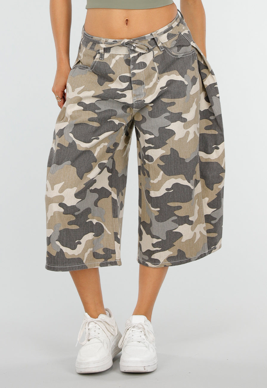 NEW220726 Beige Camouflage Culotte Broek met Lage Taille