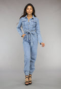 Blauwe Longsleeve Jeans Jumpsuit met Tailleband