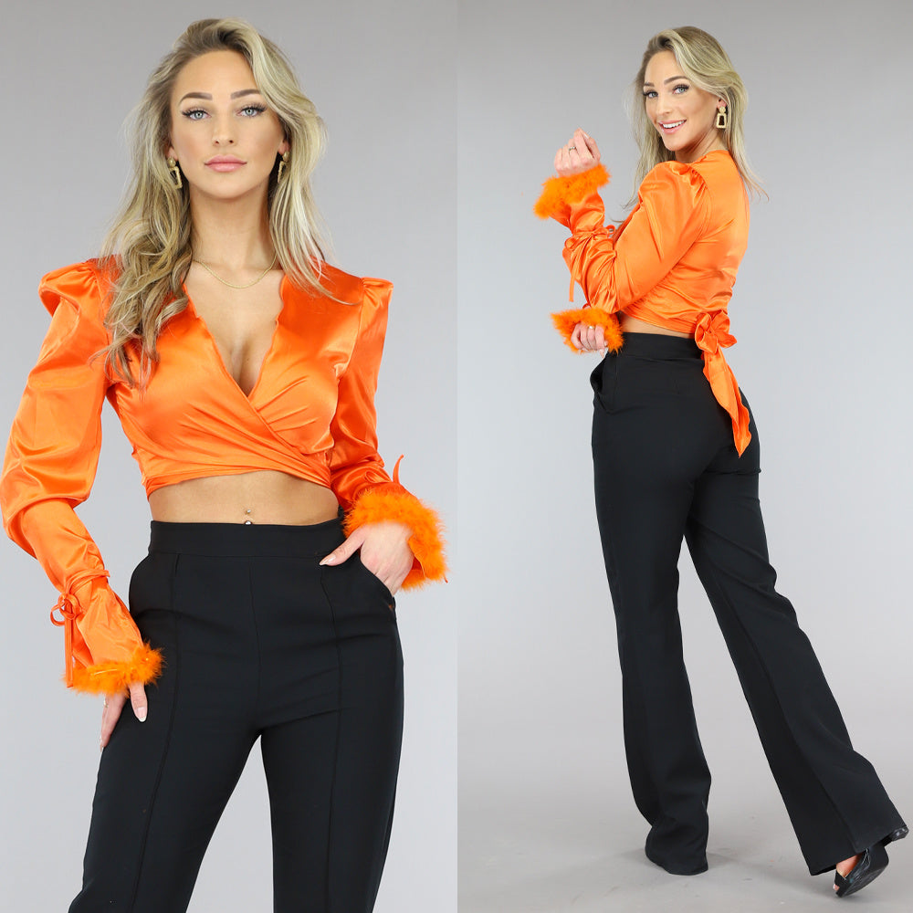 Oranje Satin Wikkel Top met Veertjes