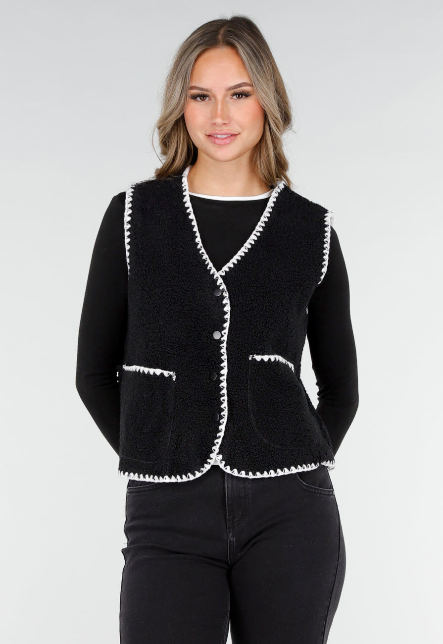 Zwart Teddy Gilet met Witte Randen en Knoopsluiting