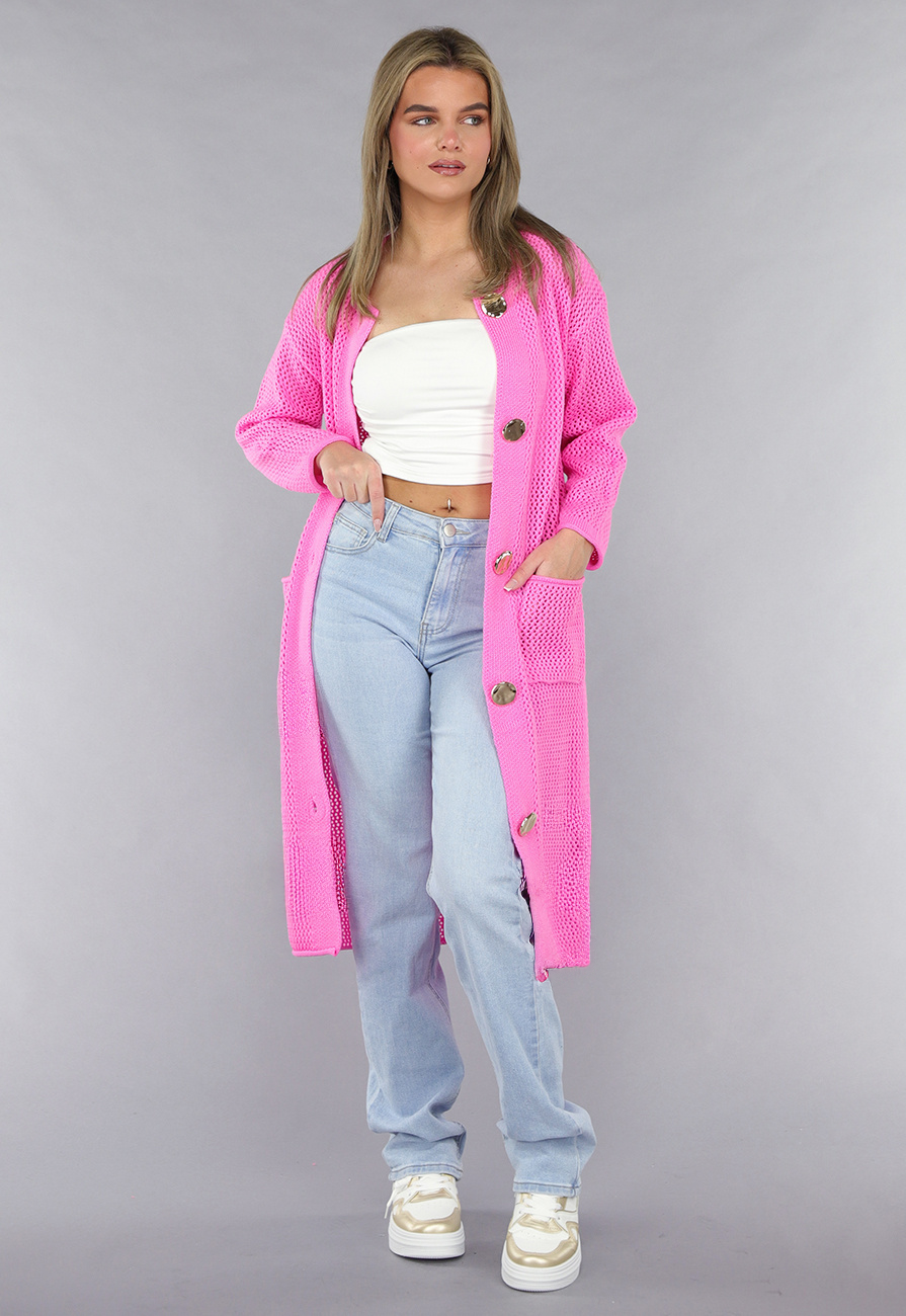 Felroze Oversized Gebreide Cardigan met Gouden Knopen