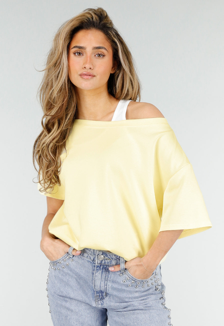 Butter Yellow One Shoulder Top met Ingewerkte Top en Stretch