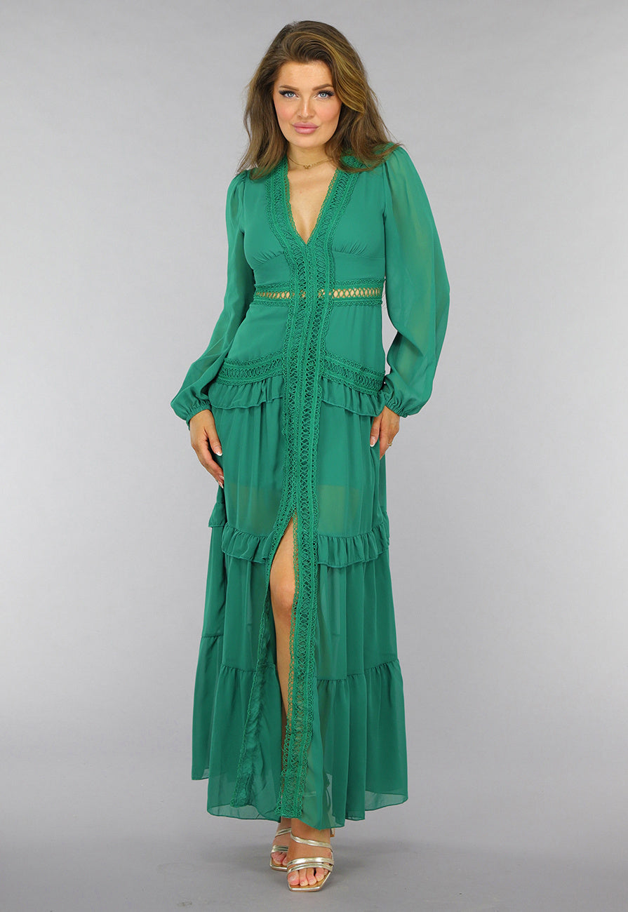 Groene Ruffle Jurk met Pofmouwen