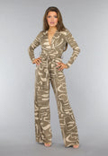 Beige Jumpsuit met Grafisch Patroon en Tailleband