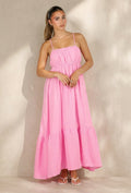 Roze Mousseline Maxi Jurk met Spaghettibandjes en Smokdetail