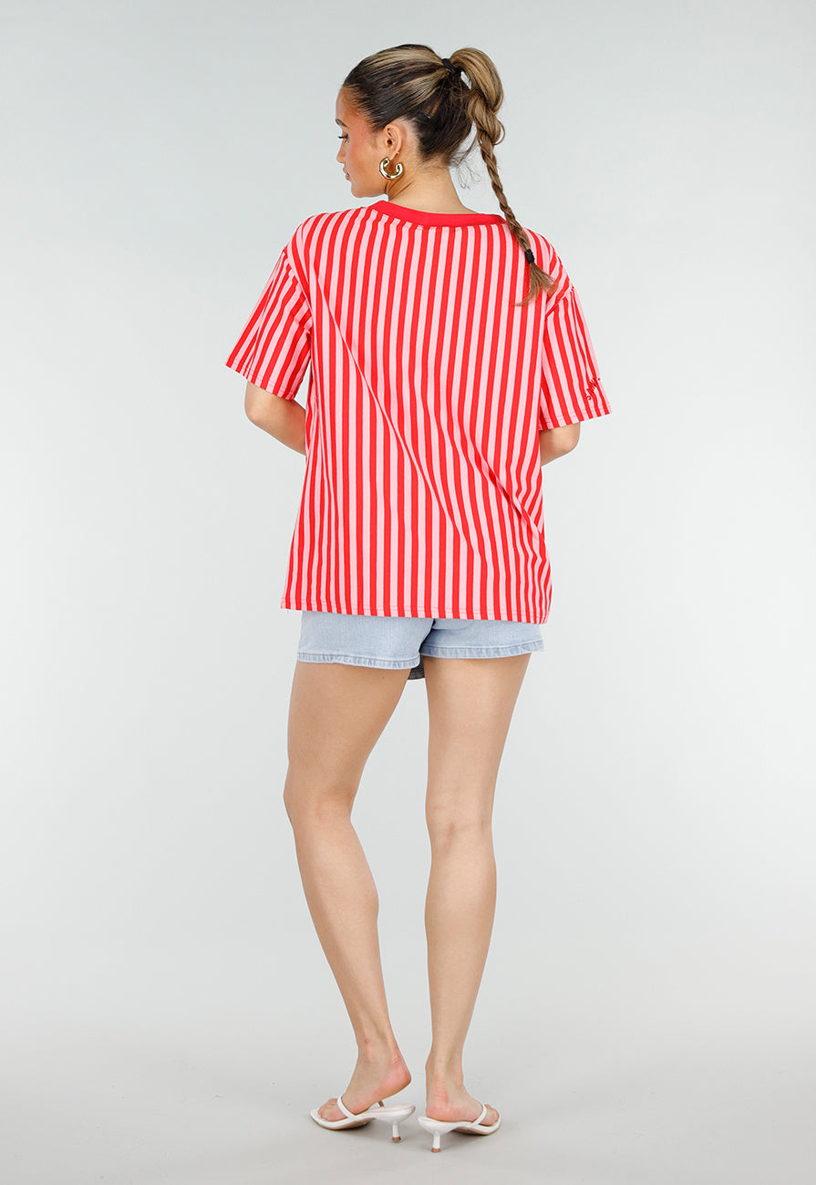 Roze Rode Gestreepte Oversized T-shirt met V-hals