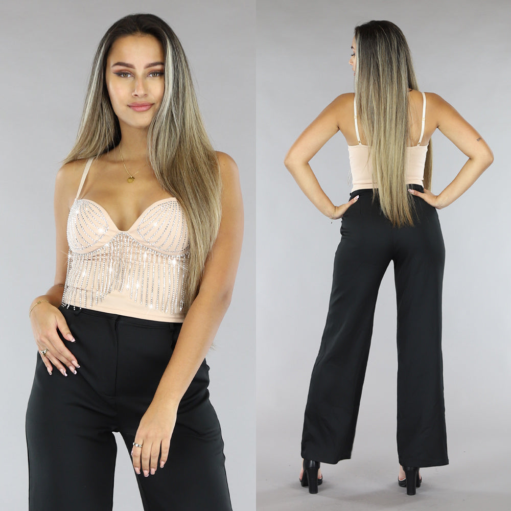 Beige Strass Top met Cups en Verstelbare Bandjes
