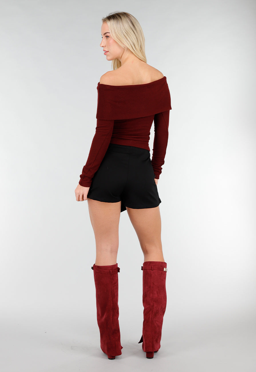 Bordeaux Off Shoulder Top met Lange Mouw
