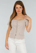 Beige Cropped fit Blazer Look Top met Binnen Voering en Knoopsluiting