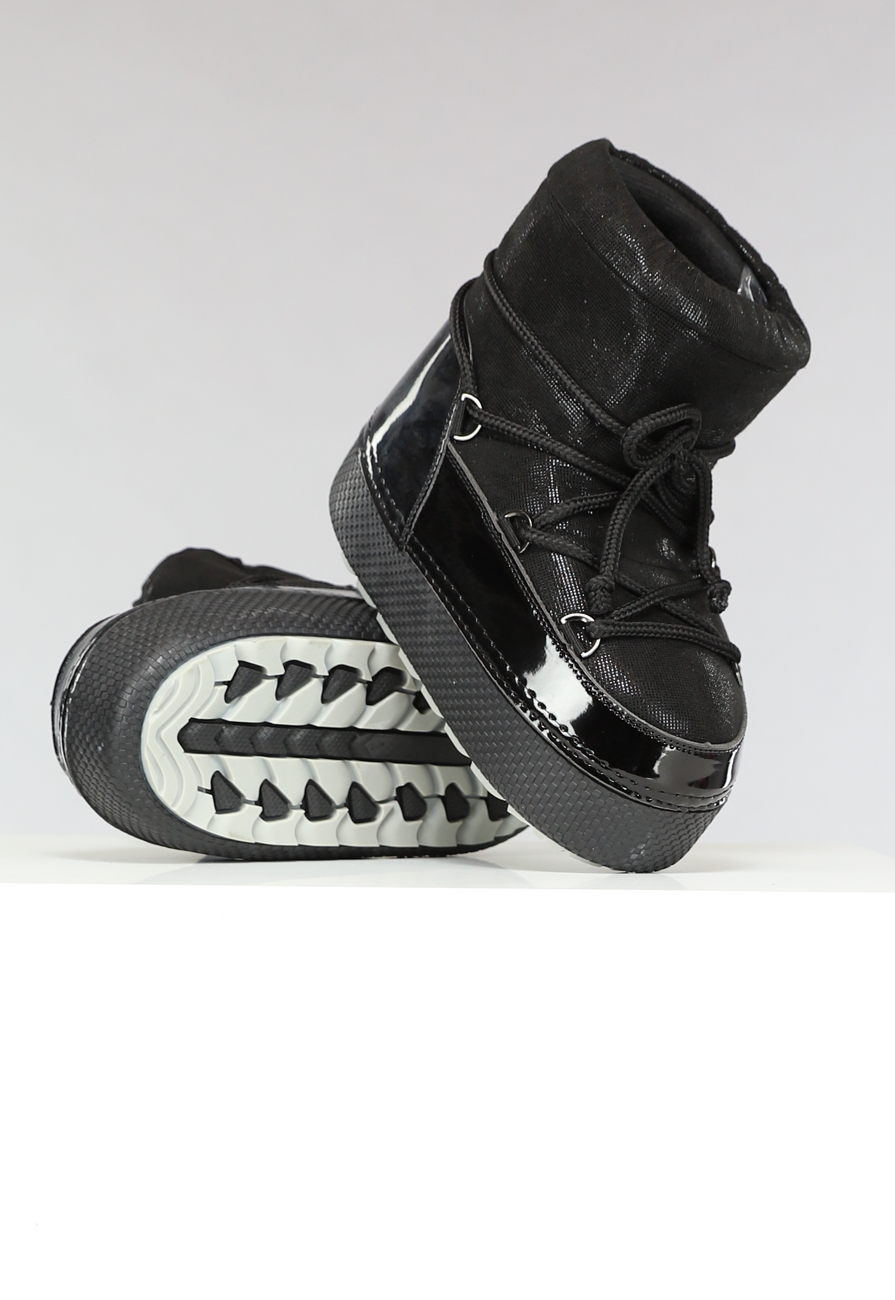 Lage Zwarte Glitterende Snowboots met Lak Detail