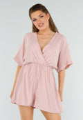 Oudroze Playsuit met Linnenlook en Overslag V-Hals