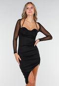 Zwarte Asymmetrische Halter Jurk met Lange Mouwen en Mesh