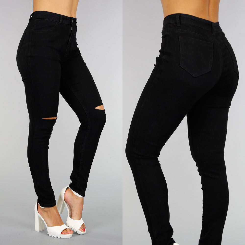 Basic Zwarte High Waist Ripped Knees Jeans