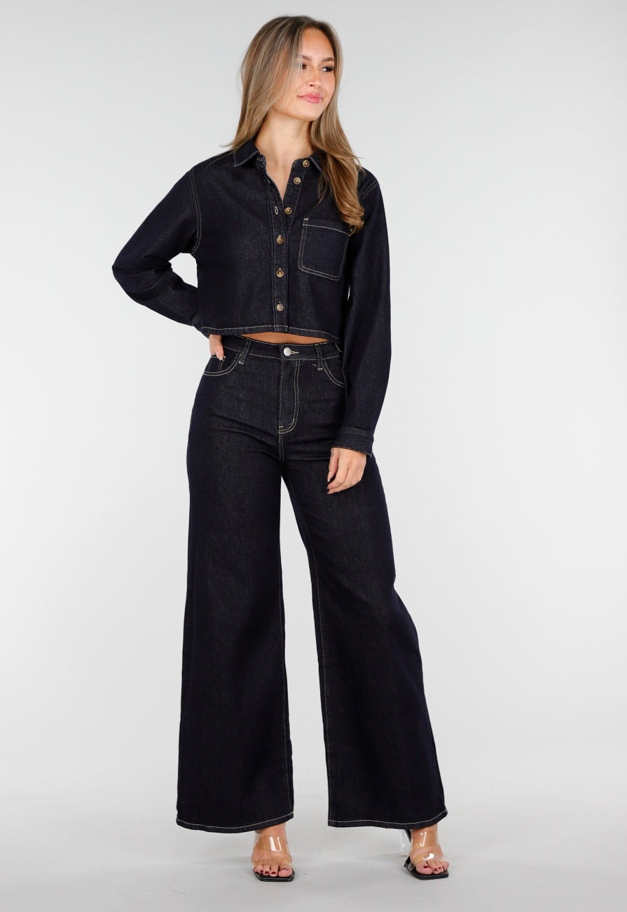 Redial Jeans Cropped Denim Blouse in Donkerblauw Met Lange Mouwen