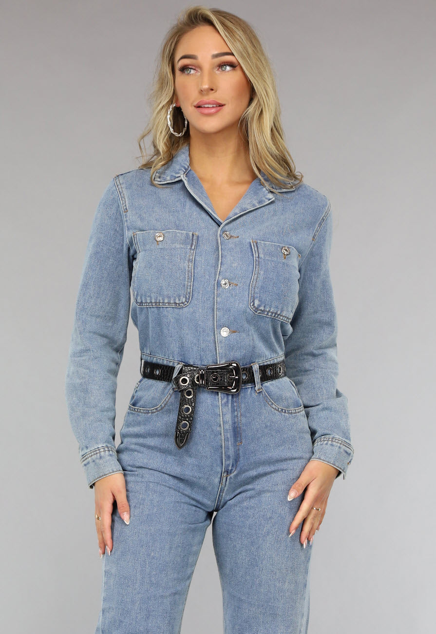 Blauwe Longsleeve Denim Jumpsuit met Wide Leg