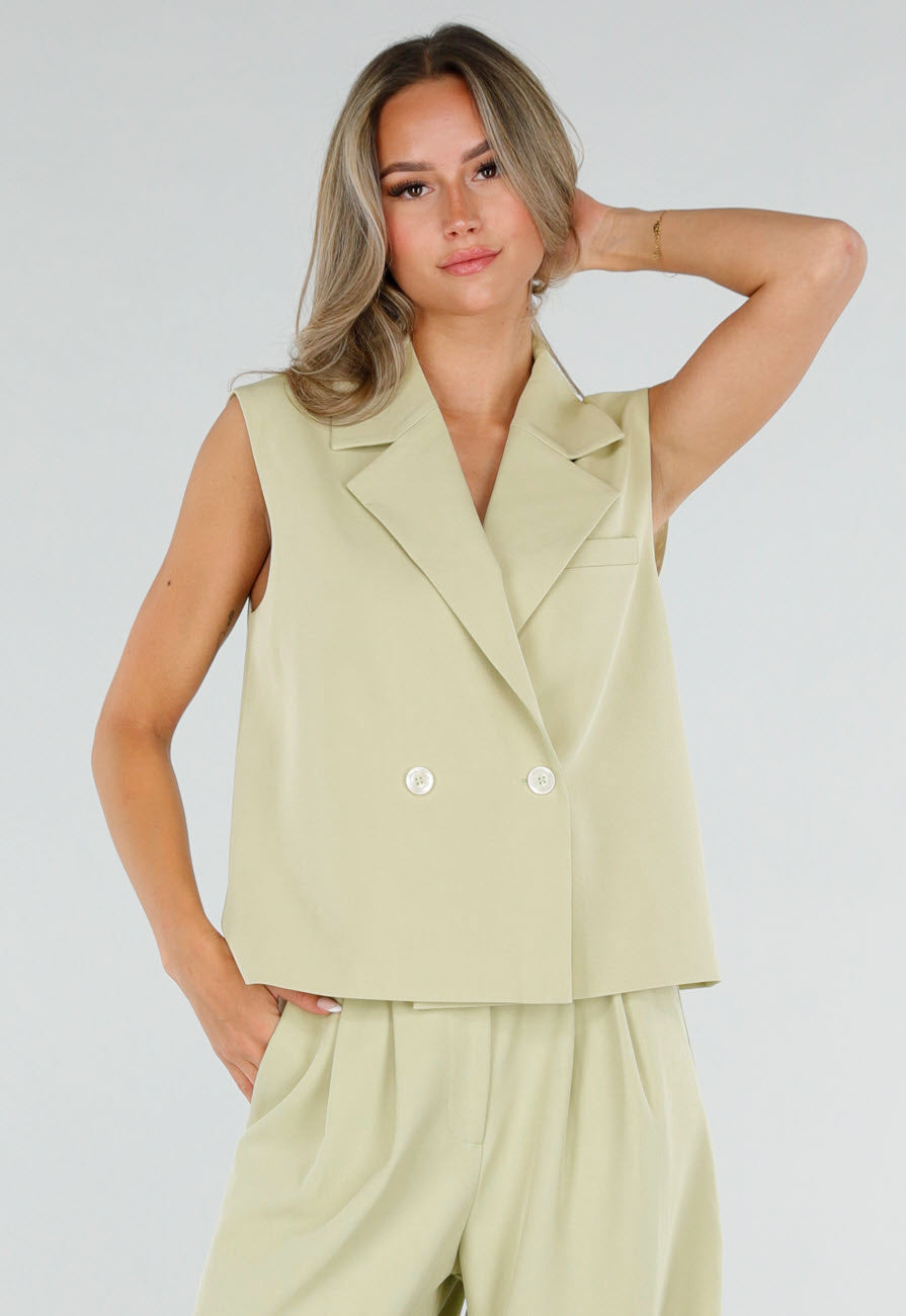 NEW190826 Pistache Groene Double Breasted Gilet met Reverskraag