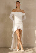 Beige Off Shoulder Mesh Jurk met Asymmetrische Zoom