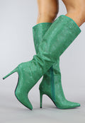 Lange Groene Glitter Laarzen met Stiletto Hak