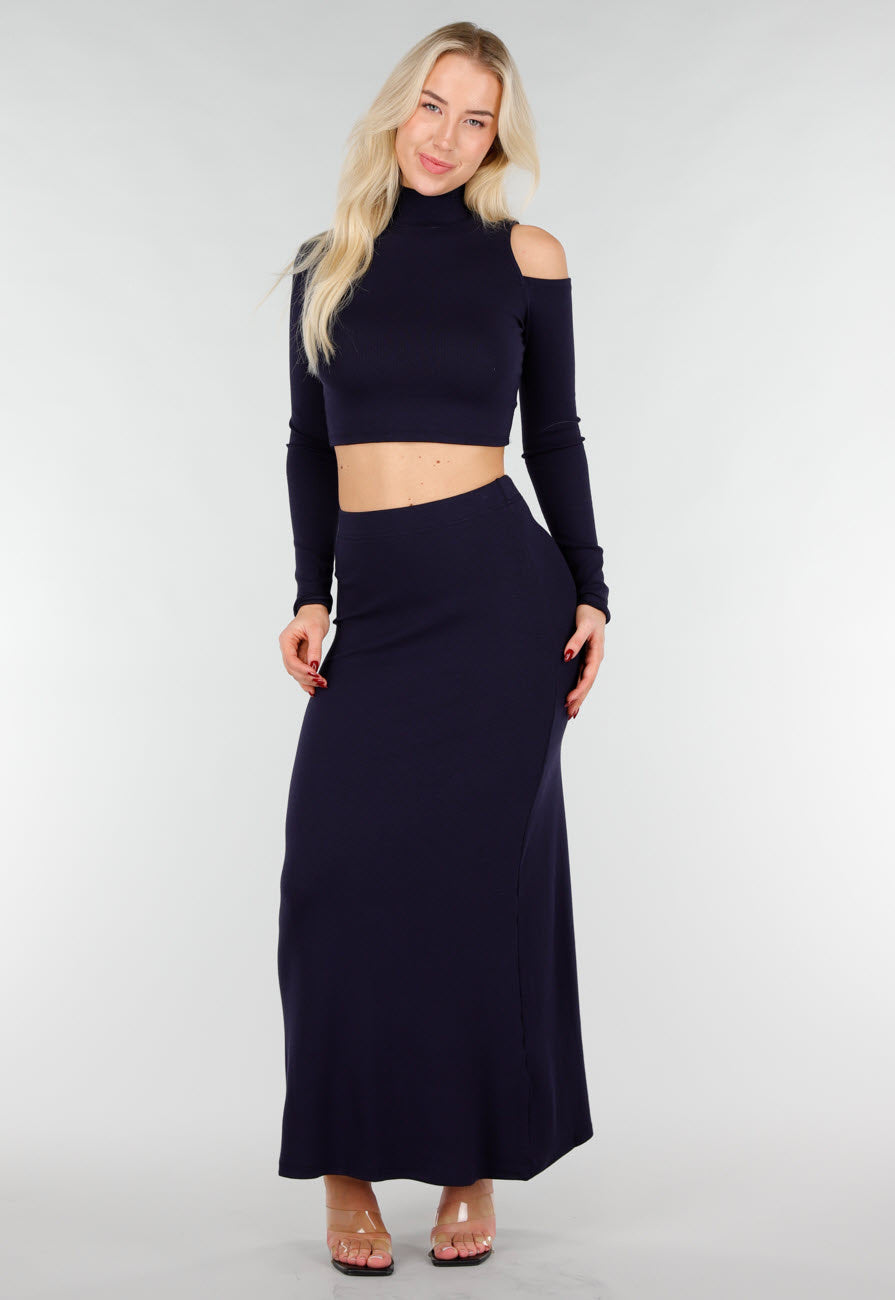 Navy Two Piece Set met Cut Out Top en Maxi Rok