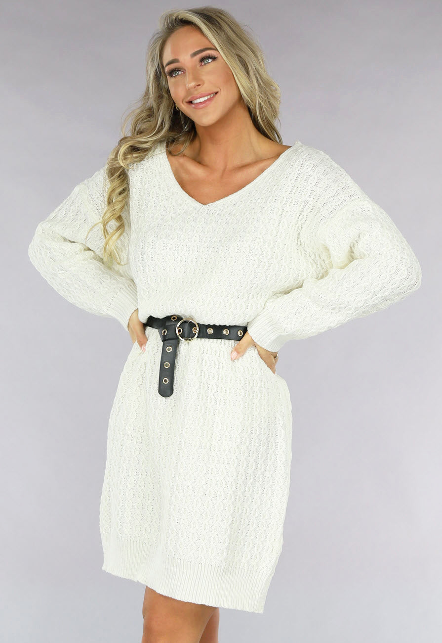 Witte Trui Jurk met V Hals