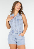 Lichtblauwe Denim Playsuit met Knopen en Korte broek