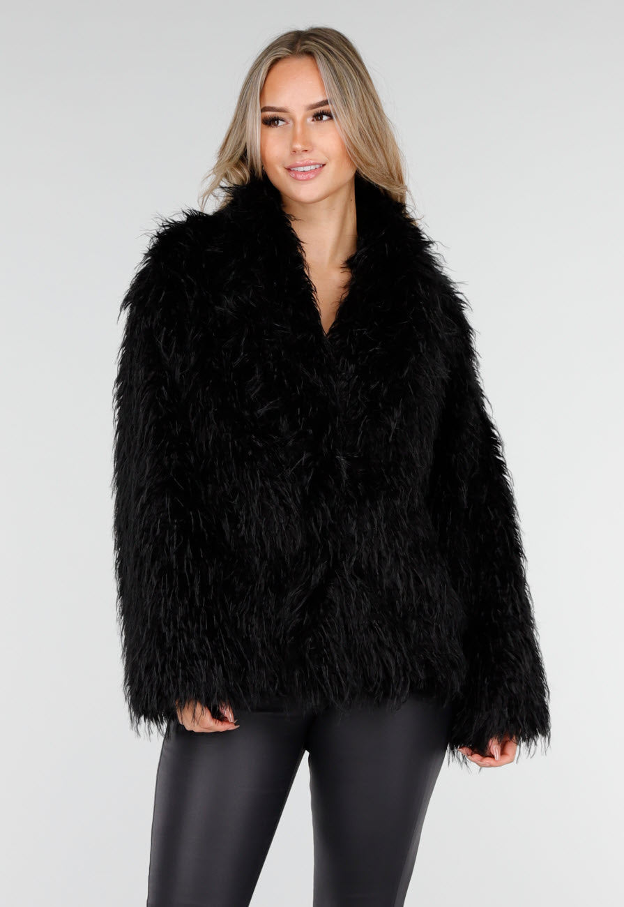 Zwarte Faux Fur Jas met Langharige Textuur
