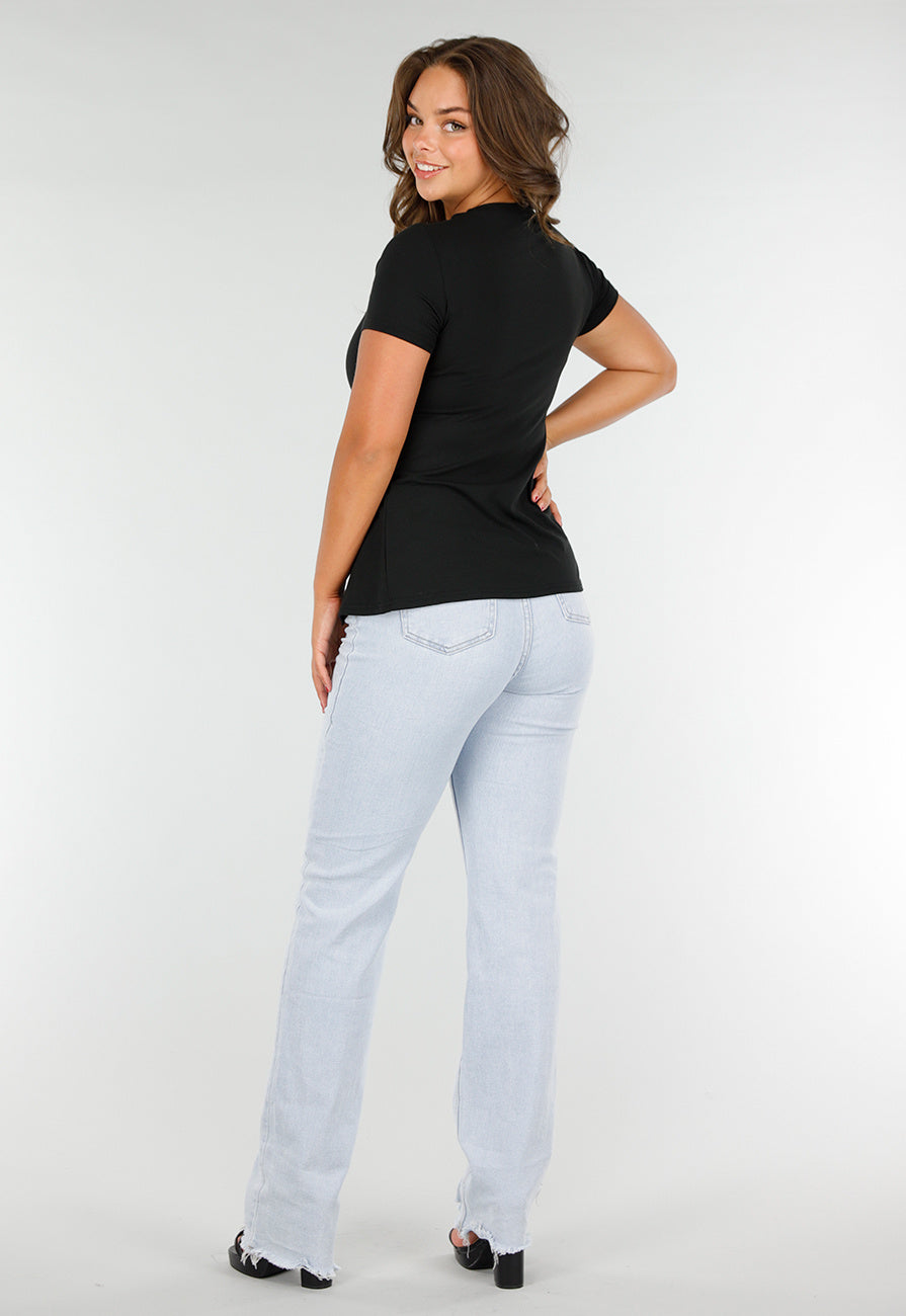 Zwart Stretch T-Shirt met Slim Fit, Ronde Hals en Zijsplit