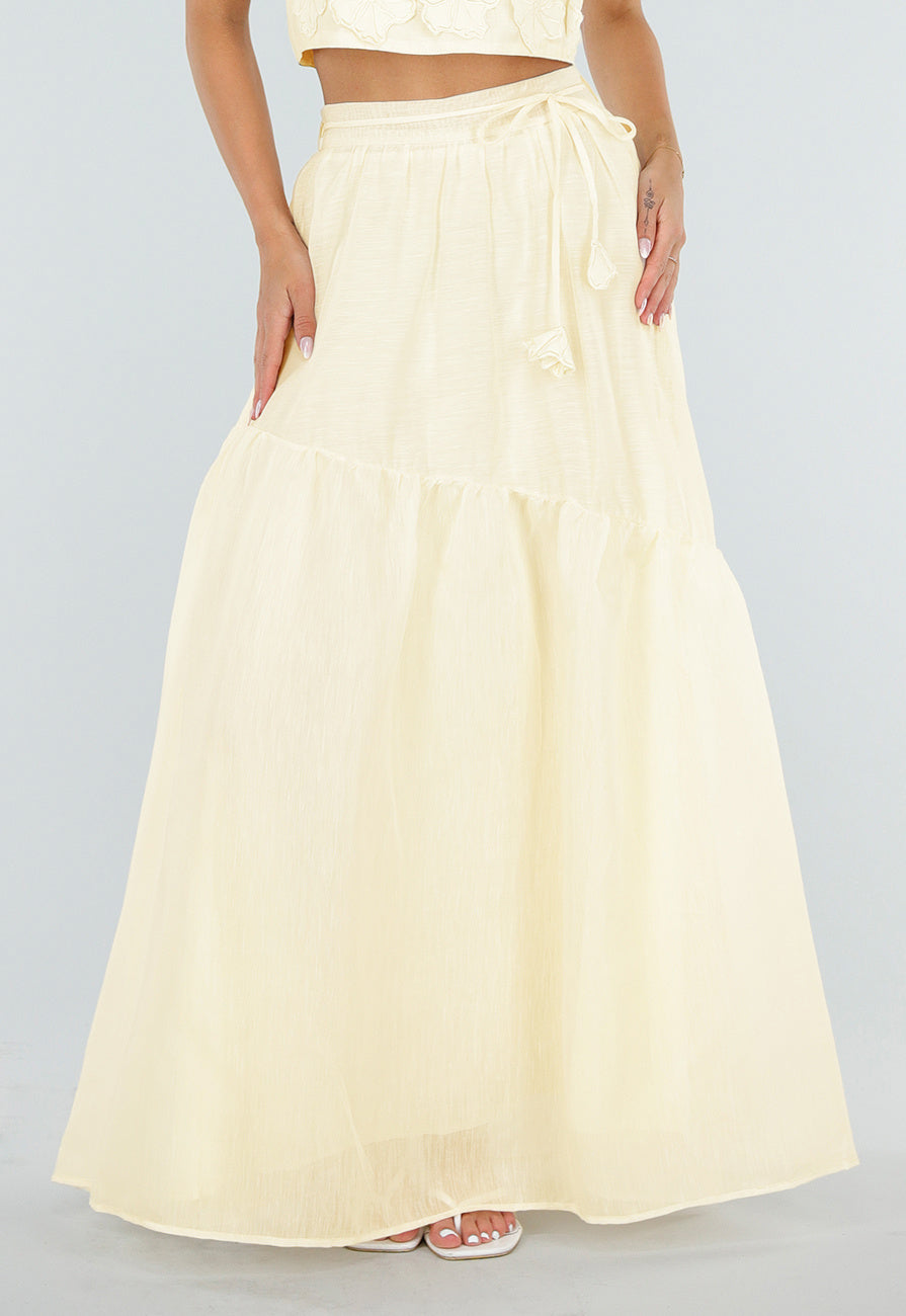 NEW150726 Gele Maxi Rok met Strikceintuur en Elastische Taille