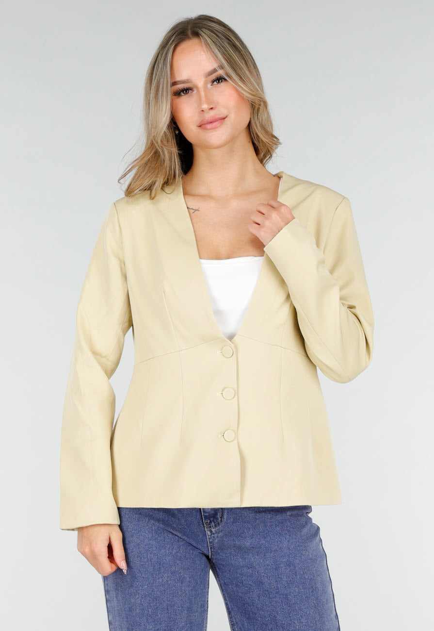 Lichtgele Blazer met Getailleerde Pasvorm en Knoopsluiting