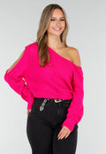 Fuchsia Gebreide Trui met Cut Out en Off Shoulder