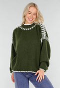 Groene Gebreide Trui met Hoge Hals en Witte Randdetails