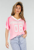 Roze Mesh Jersey Top met V-hals en Korte Mouwen en Print
