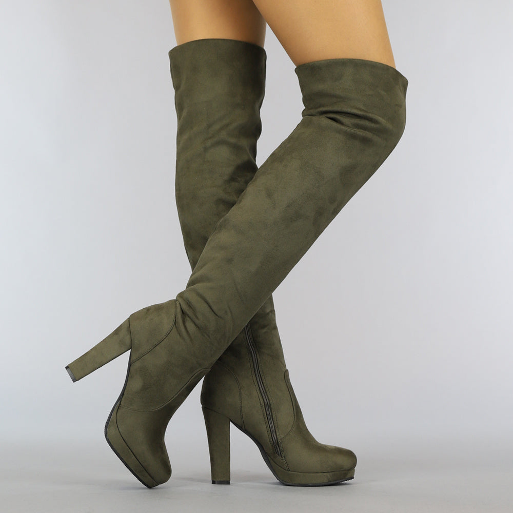 Suède-Look Overknee Laarzen met Hak Kaki