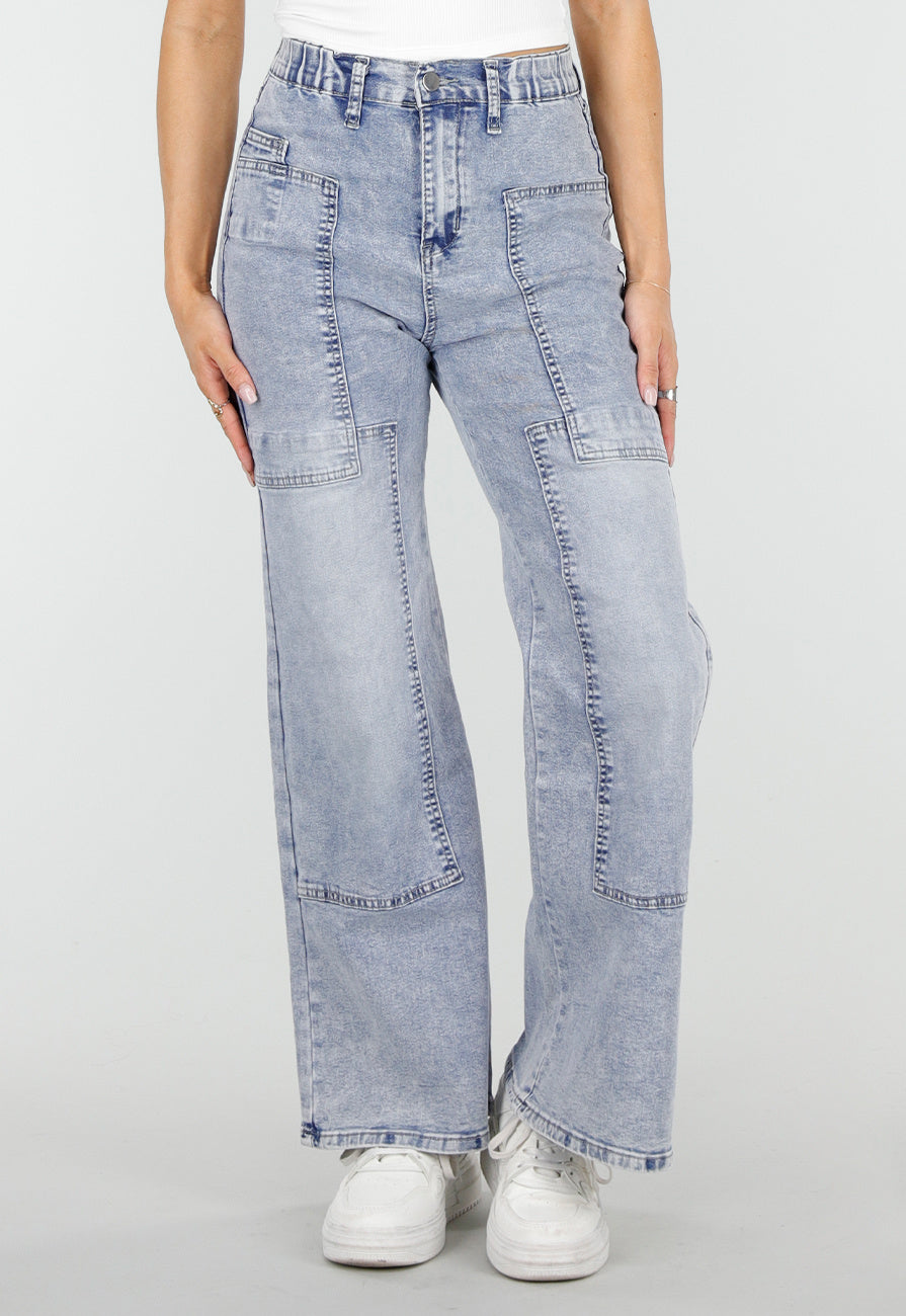 Lichtblauwe Denim Petite Wide Leg Jeans met Hoge Taille en Patch Details