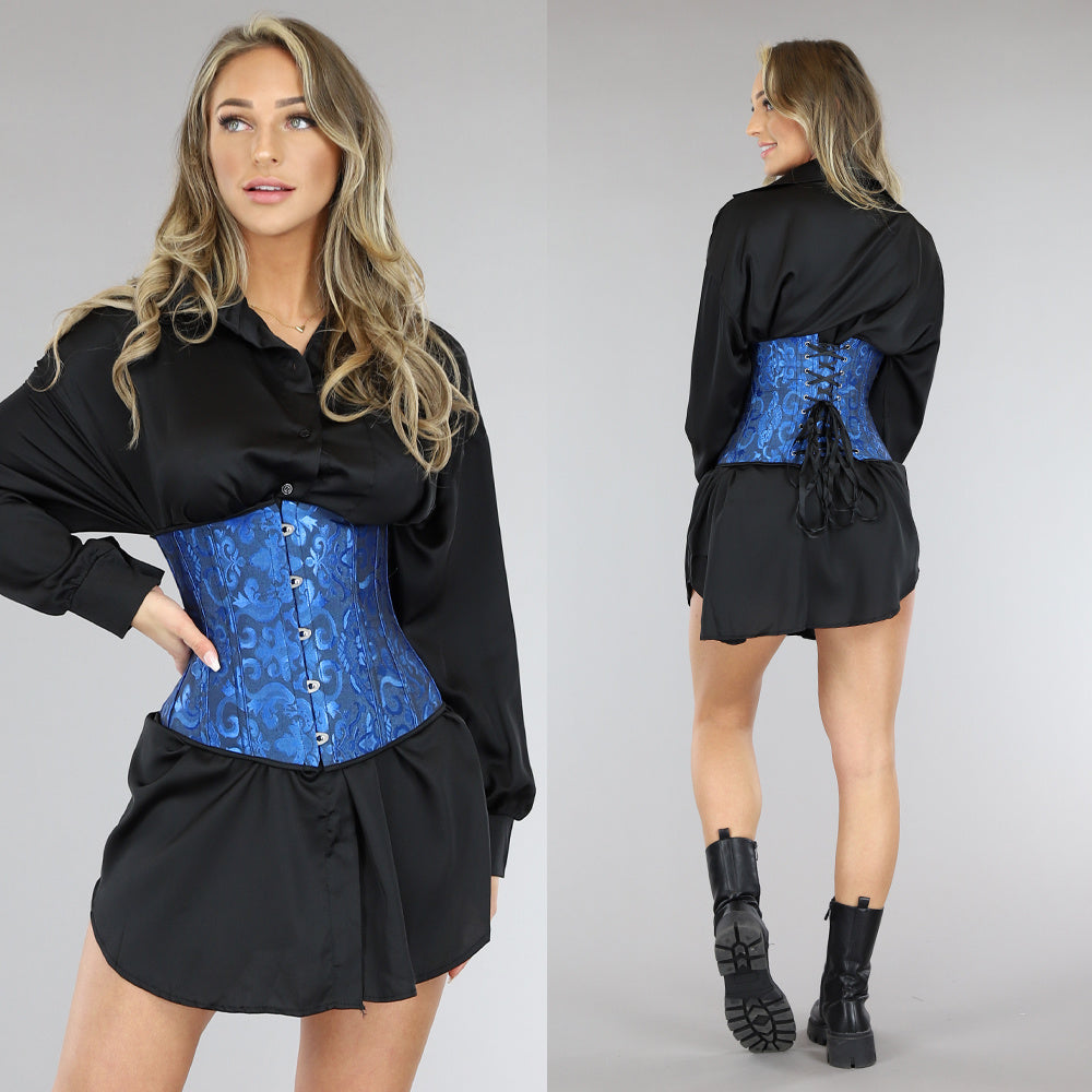 Blauwe Satin Underbust Korset met Borduursels