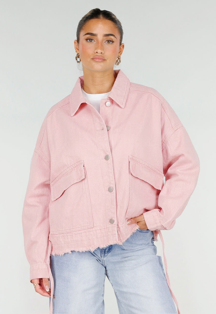 Roze Denim Jas met Klepzakken en Trekkoord
