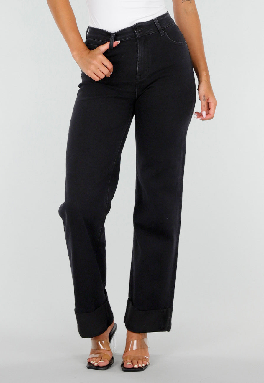 NEW020926 Zwarte Denim Straight Leg Jeans met Brede Omslag
