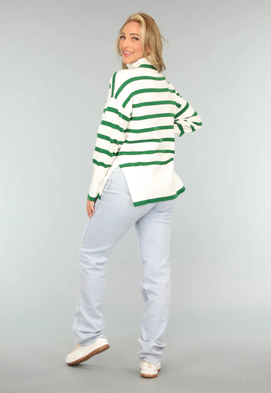 Witte Turtleneck met Groene Strepen