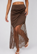 NEW010726 Bruine Satijnen Midi Rok met Transparante Kanten Zoom