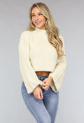 Beige Korte Gebreide Trui met Wijduitlopende Mouwen