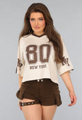 Beige Baseball Shirt met Bruine Details