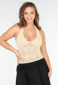 Vanillekleurige Kanten Halter Crop Top met Diepe V-Hals
