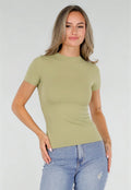 NEW220726 Pistache Stretch T-Shirt met Ronde Hals en Korte Mouwen