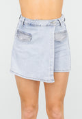Lichtblauwe Stretch Denim Skort met Strassdetails op Zakken