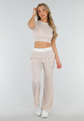 Beige Two Piece Set met Lange Broek en Korte Top met Colorblockingdetails