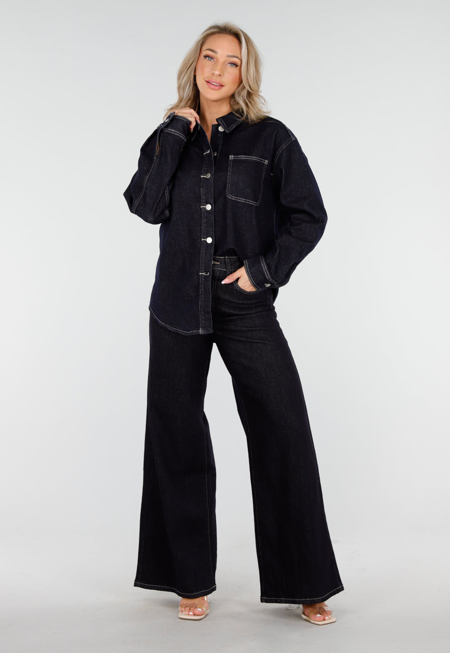 Redial Jeans Donkerblauwe Flared Jeans met High Waist en Contrasterende Stiksels