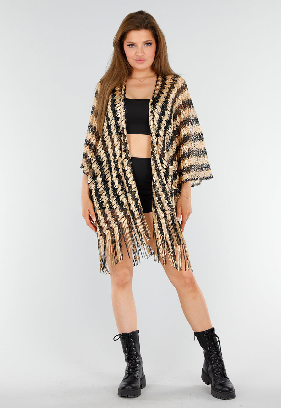 Goud-Zwarte Cover-Up met Zigzagpatroon en Franjes