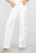 Witte Wide Leg Jeans met Broderie Anglaise en High Waist Pasvorm