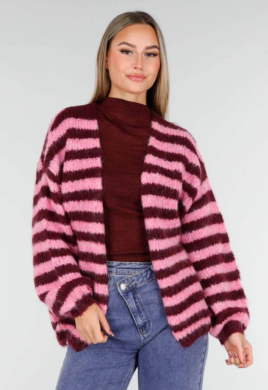 Gestreept Roze en Bordeaux Wollen Vest met Lange Mouwen