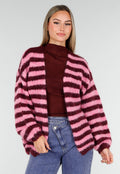 Gestreept Roze en Bordeaux Wollen Vest met Lange Mouwen